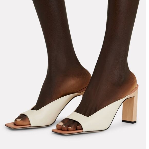Wandler Neutral Leather Open Square Toe Sculpted 3.3" Block Heel Sandals 6M - Picture 1 of 13